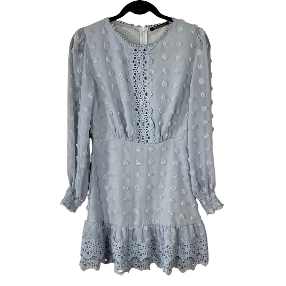 Simplee Mini Dress Light Blue Dot Long Sleeve Smocked S Small